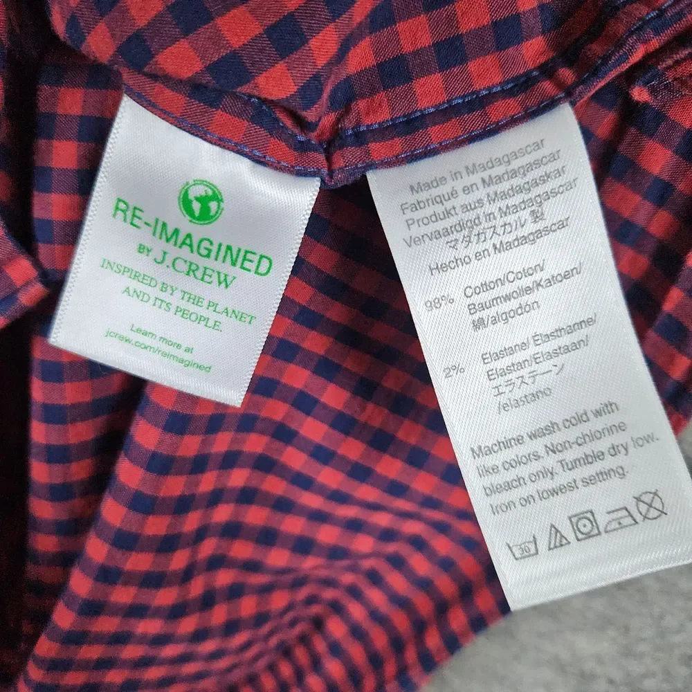 J Crew Re-Imagined Slim Untucked Flex Washed Size L Shirt Blue Red Checks Preppy